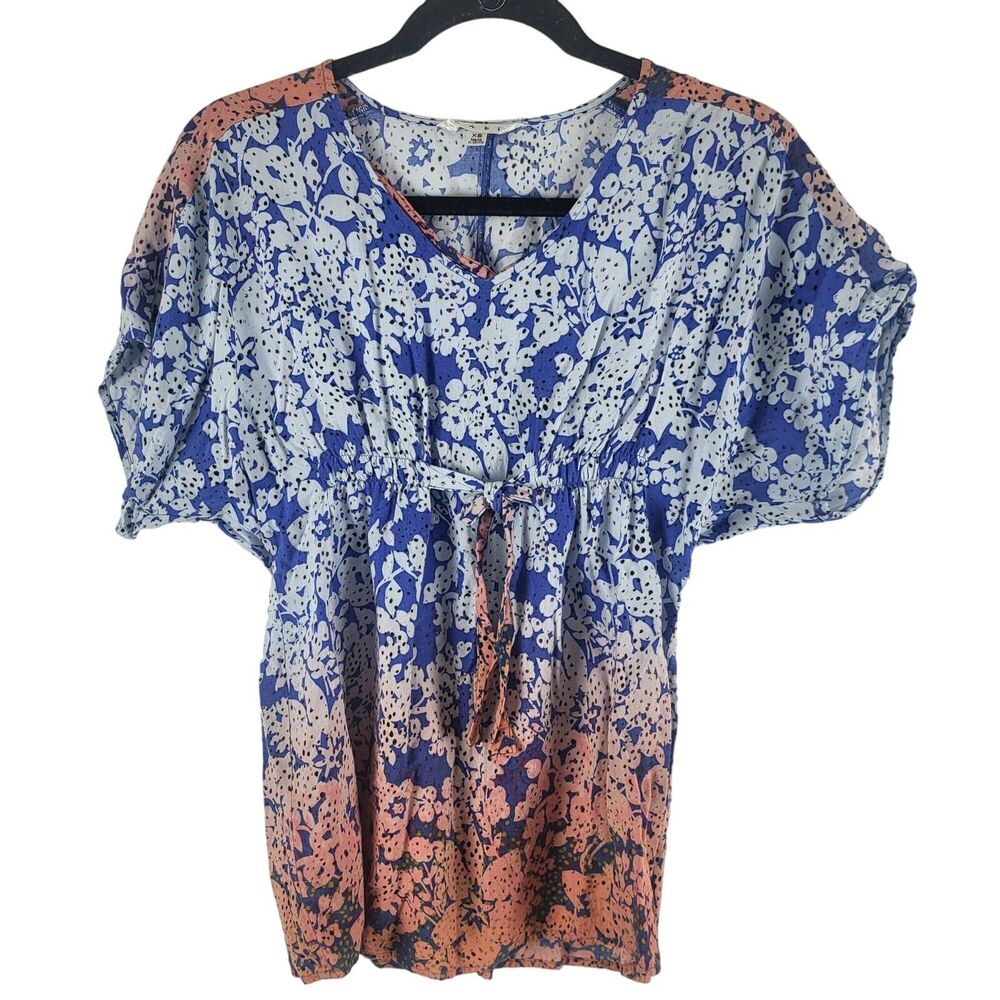Cabi Blouse XS Womens Blue Floral Print Cap Sleeve V Neck Pullover Tie Front
